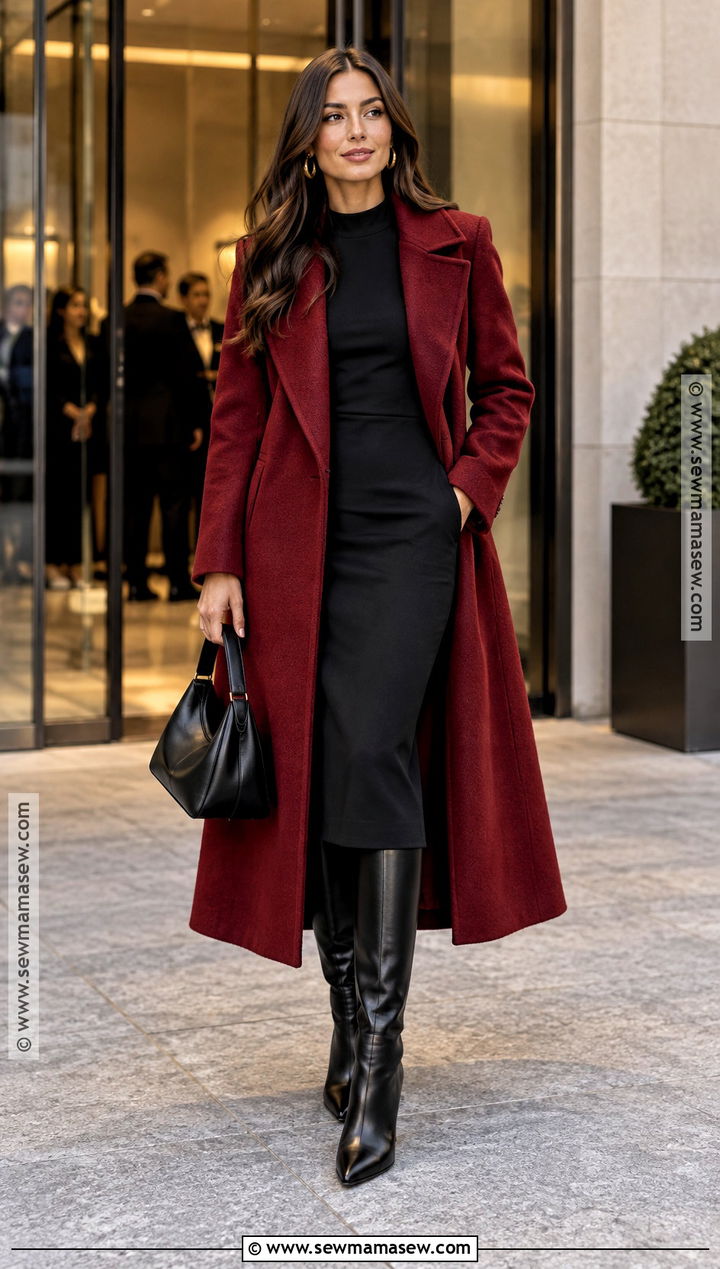 Black Midi Dress and Long Coat Fall Outfit - 25 elegant fall outfits