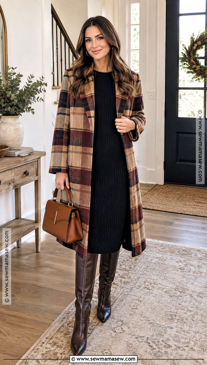 Black Midi Dress and Plaid Coat Friendsgiving Outfit - 25 Friendsgiving Outfits for Women