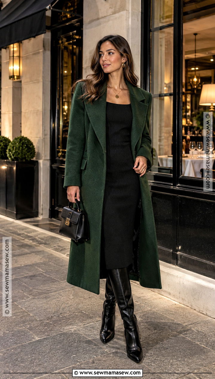 Black Midi Dress and Statement Coat Autumn Dinner Outfit - 25 autumn dinner outfit ideas