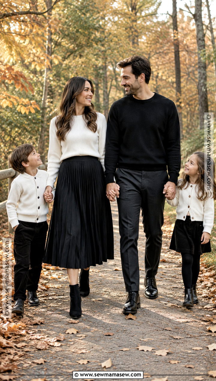 Black Midi Skirt And White Knit Family Outfit - 15 Fall Family Photos Black And White Outfits