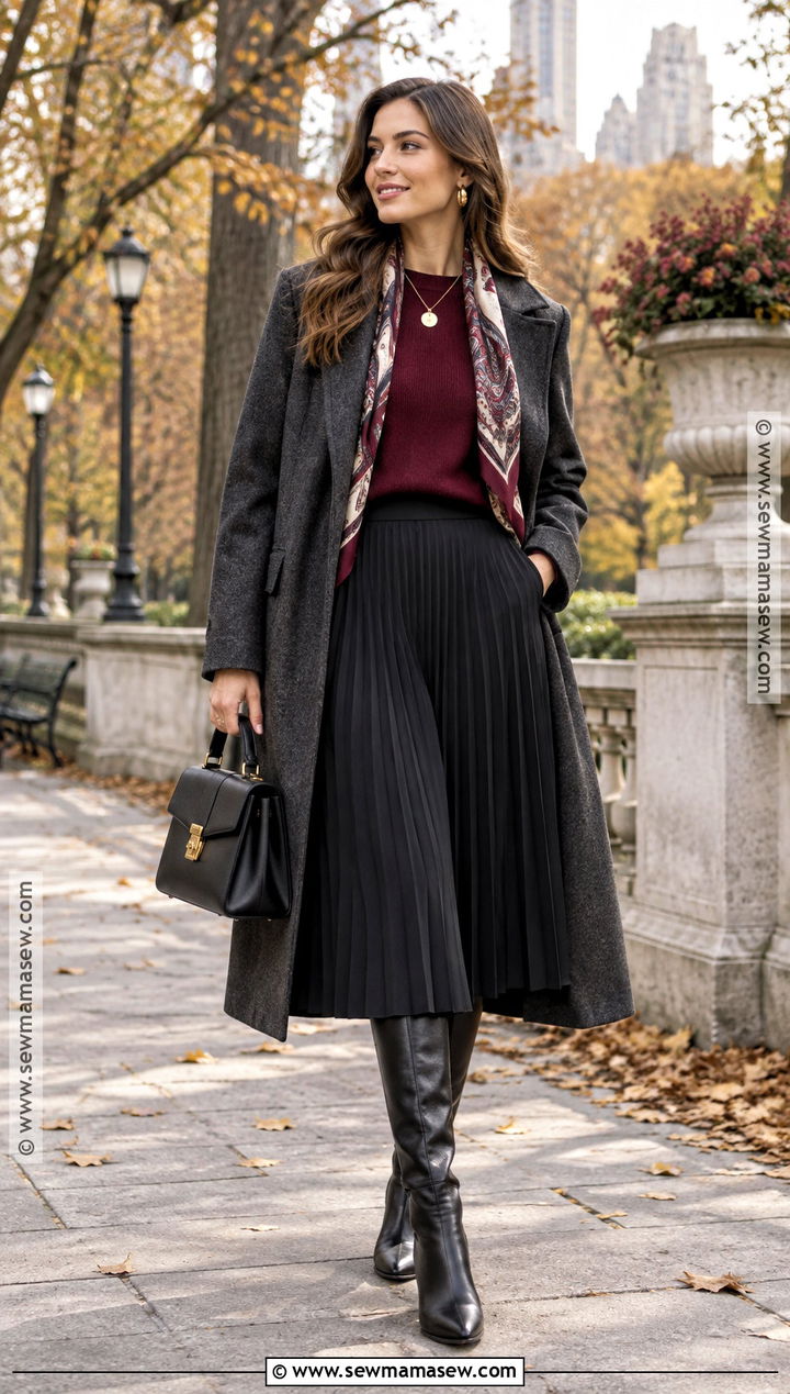 Black Midi Skirt With Burgundy Sweater And Boots - 25 black skirt outfit fall ideas