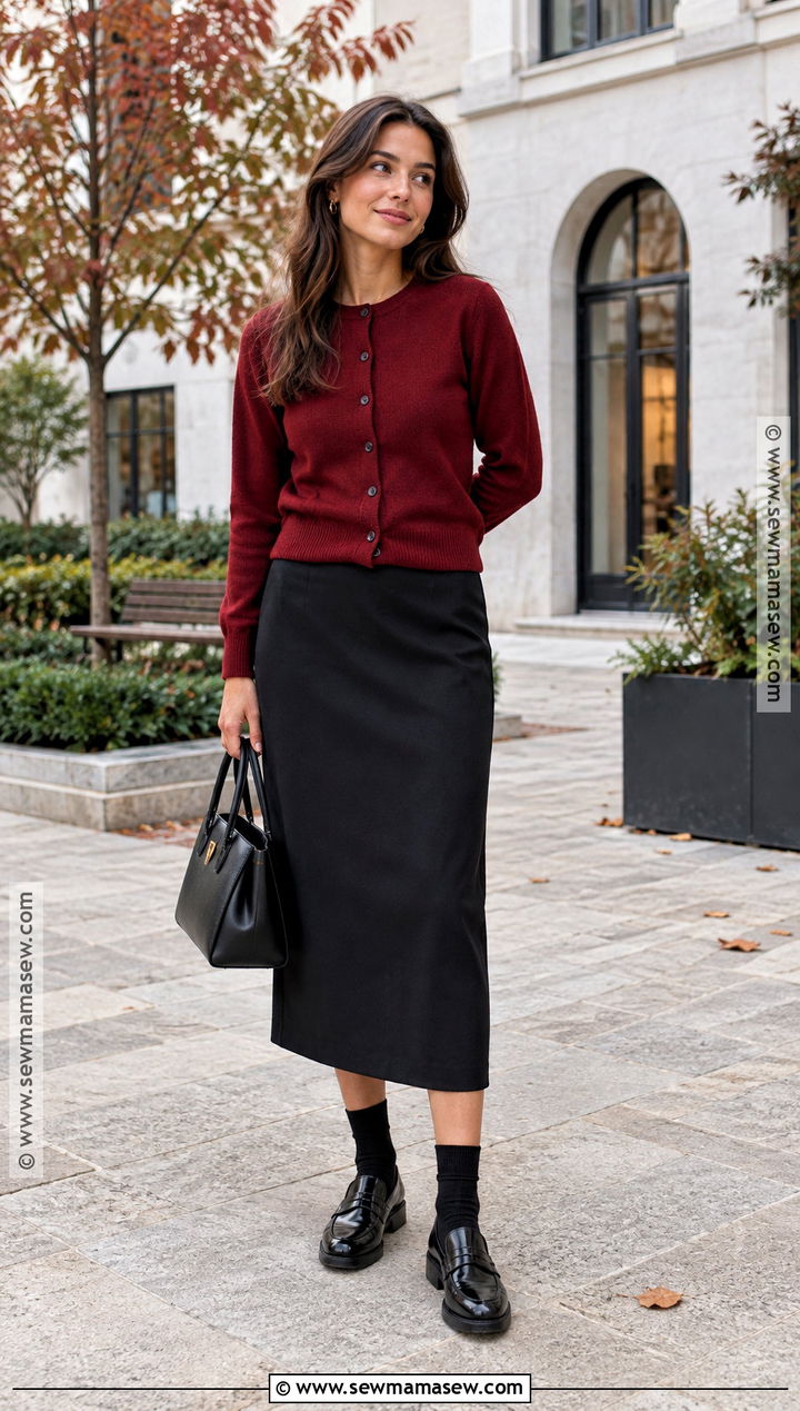 Black Midi Skirt With Red Cardigan And Loafers - 25 black skirt fall outfit ideas