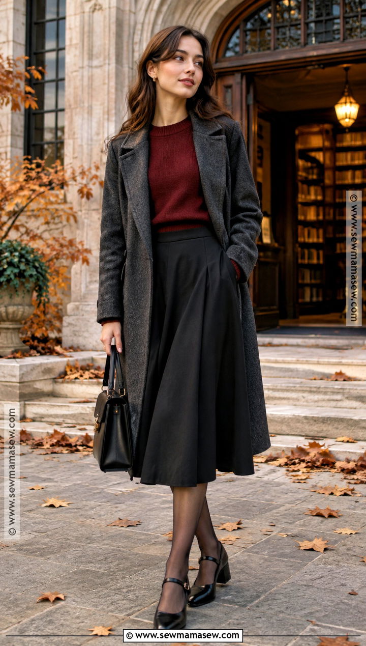 Black Midi Skirt With Red Sweater And Mary Jane Shoes - 20 fall black skirt outfits