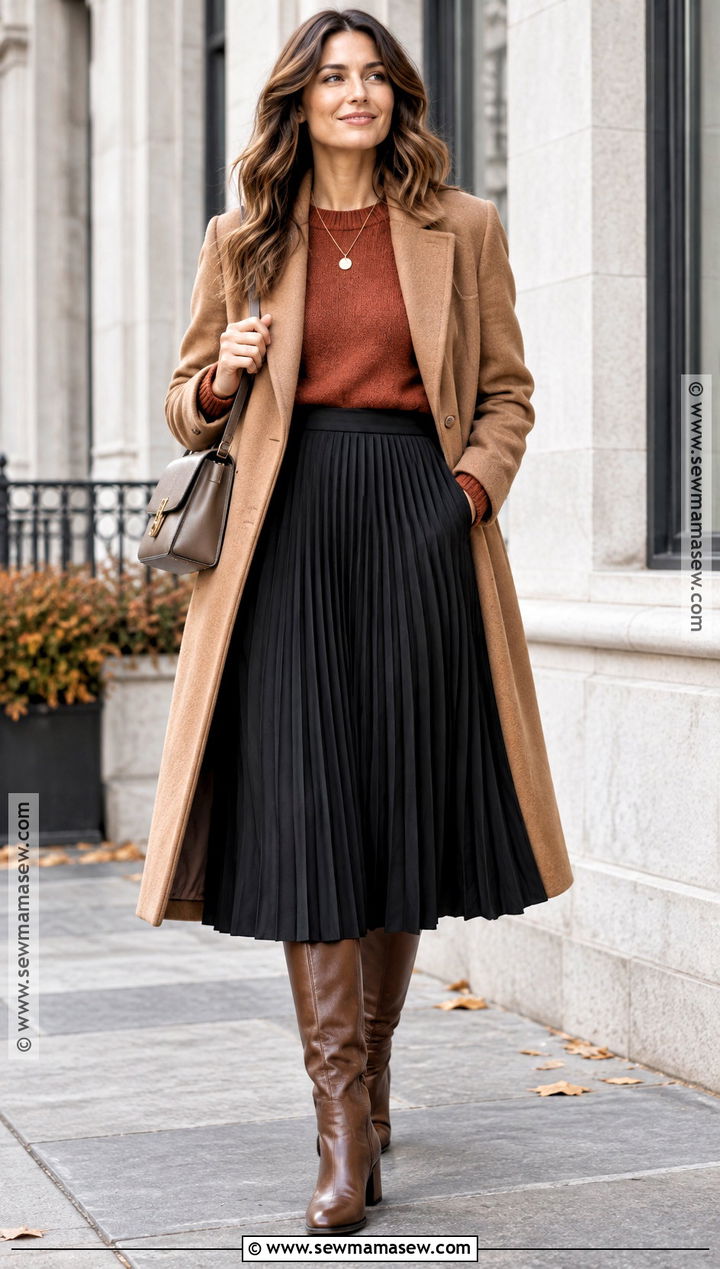 Black Midi Skirt With Rust Sweater - 15 soft autumn wearing black ideas