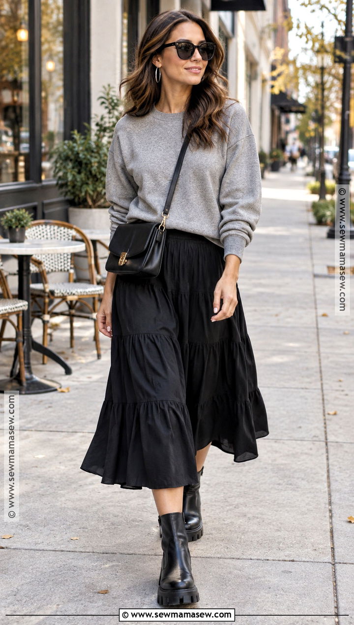 Black Midi Skirt With Sweatshirt And Chunky Boots - 20 Midi Skirt Autumn Outfit Ideas
