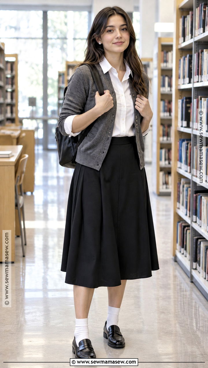 Black Midi Skirt With White Button Down Shirt - 25 back to school outfits skirt