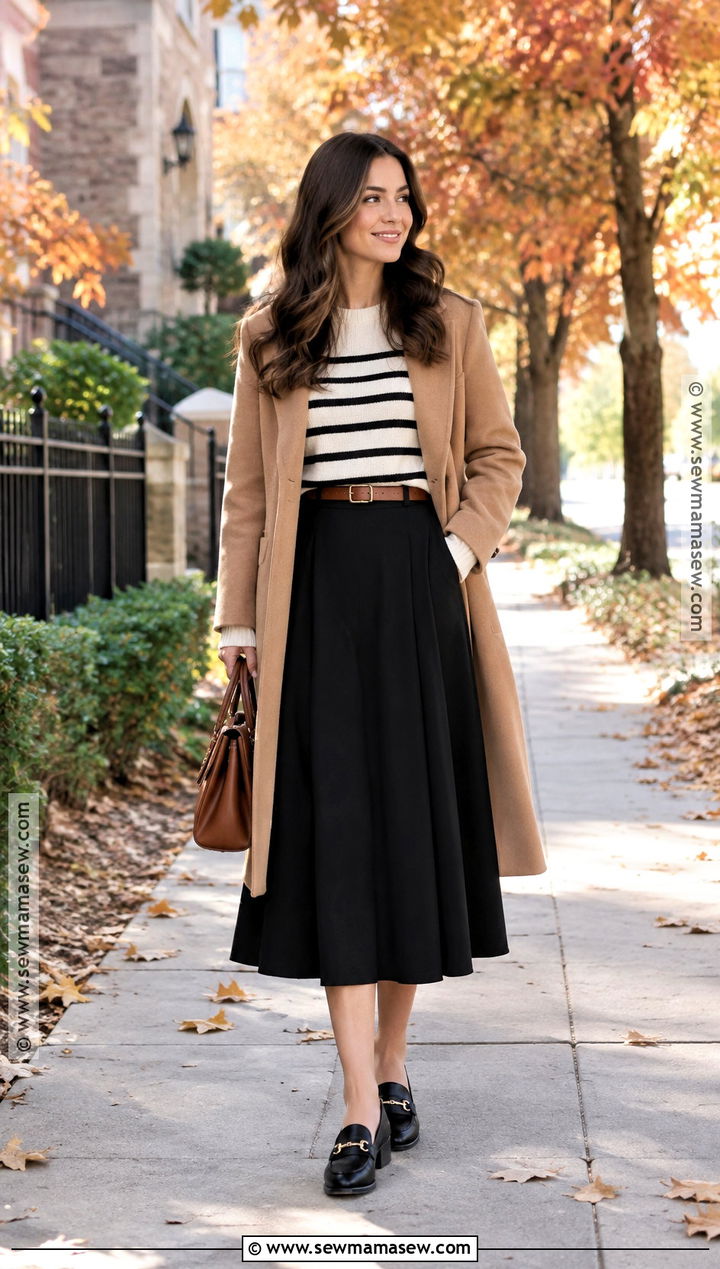 Black Midi Skirt and Striped Sweater Church Outfit - 25 fall church outfit ideas