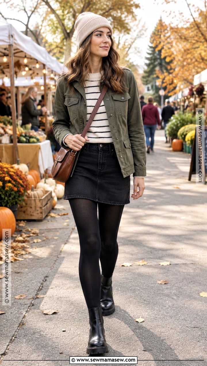 Black Mini Skirt With Olive Utility Jacket And Chelsea Boots - 25 black mini skirt outfit fall ideas