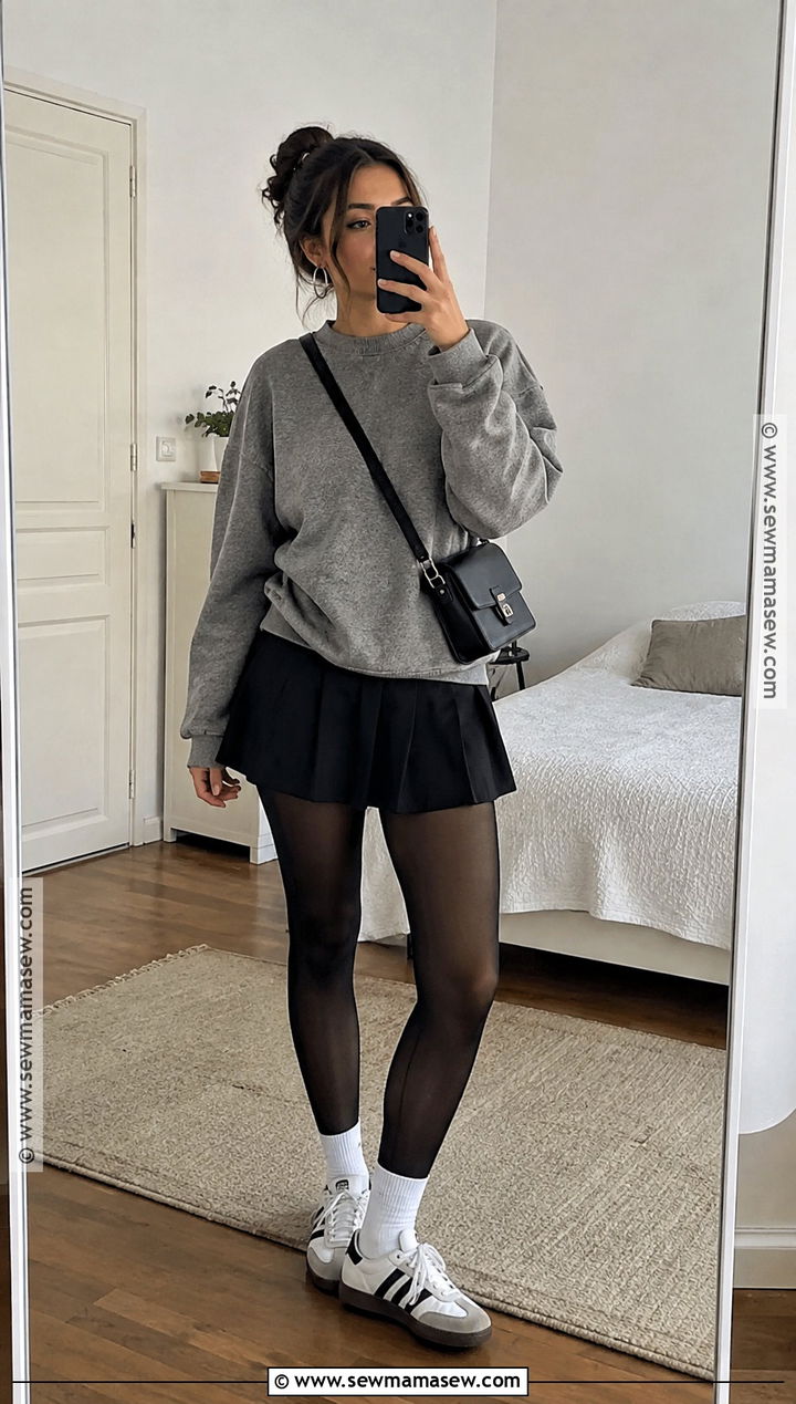 Black Mini Skirt With Oversized Sweatshirt And Sneakers - 25 black mini skirt outfit fall ideas