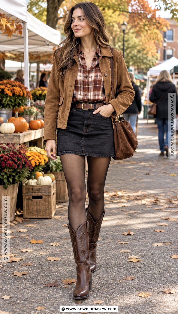 Black Mini Skirt With Plaid Shirt And Western Boots - 20 fall outfits black mini skirt
