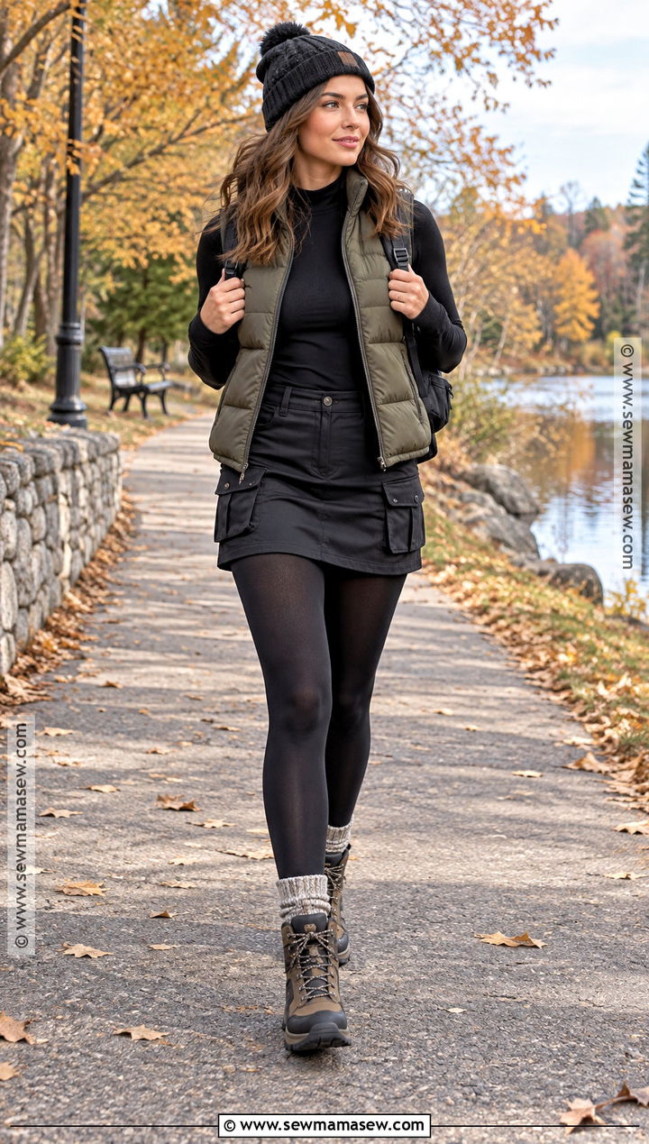 Black Mini Skirt With Puffer Vest And Hiking Boots - 20 fall outfits black mini skirt