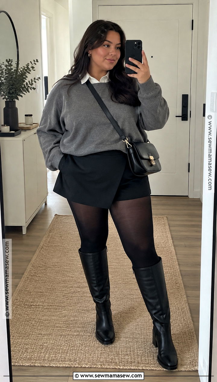 Black Mini Skirt With Sweatshirt And Tall Boots - 20 cute fall skirt outfits