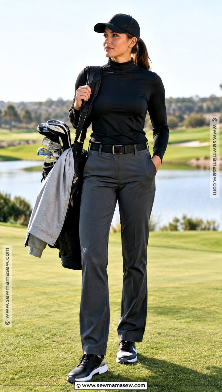 Black Mock Neck And Gray Golf Pants - 25 fall golfing outfits for women