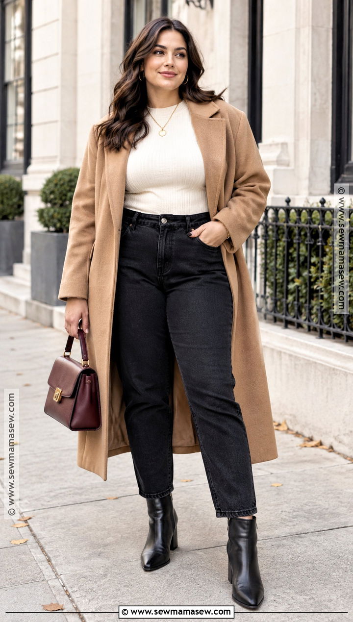 Black Mom Jeans With Camel Coat And Boots - 20 mom jeans fall outfit