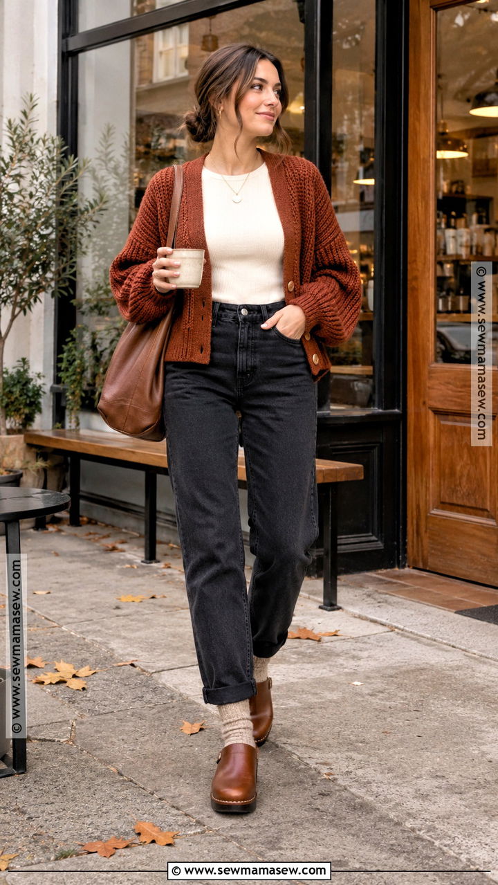 Black Mom Jeans With Chunky Cardigan And Clogs - 20 Black Mom Jeans Outfit Fall