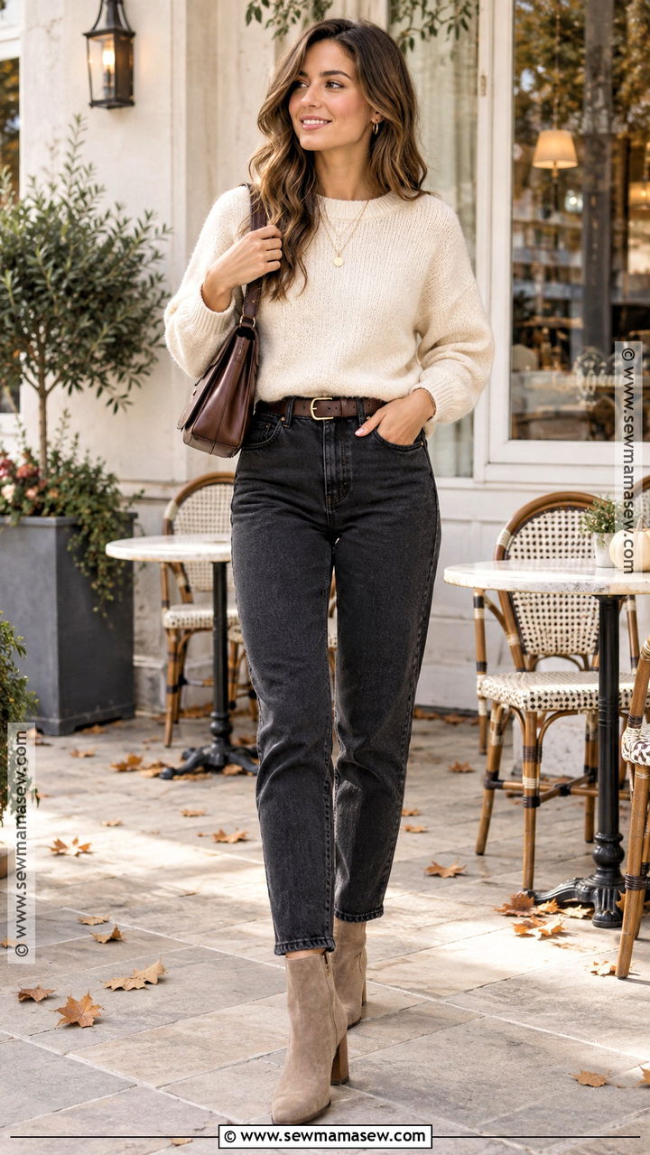 Black Mom Jeans With Cream Sweater And Ankle Boots - 20 Black Mom Jeans Outfit Fall