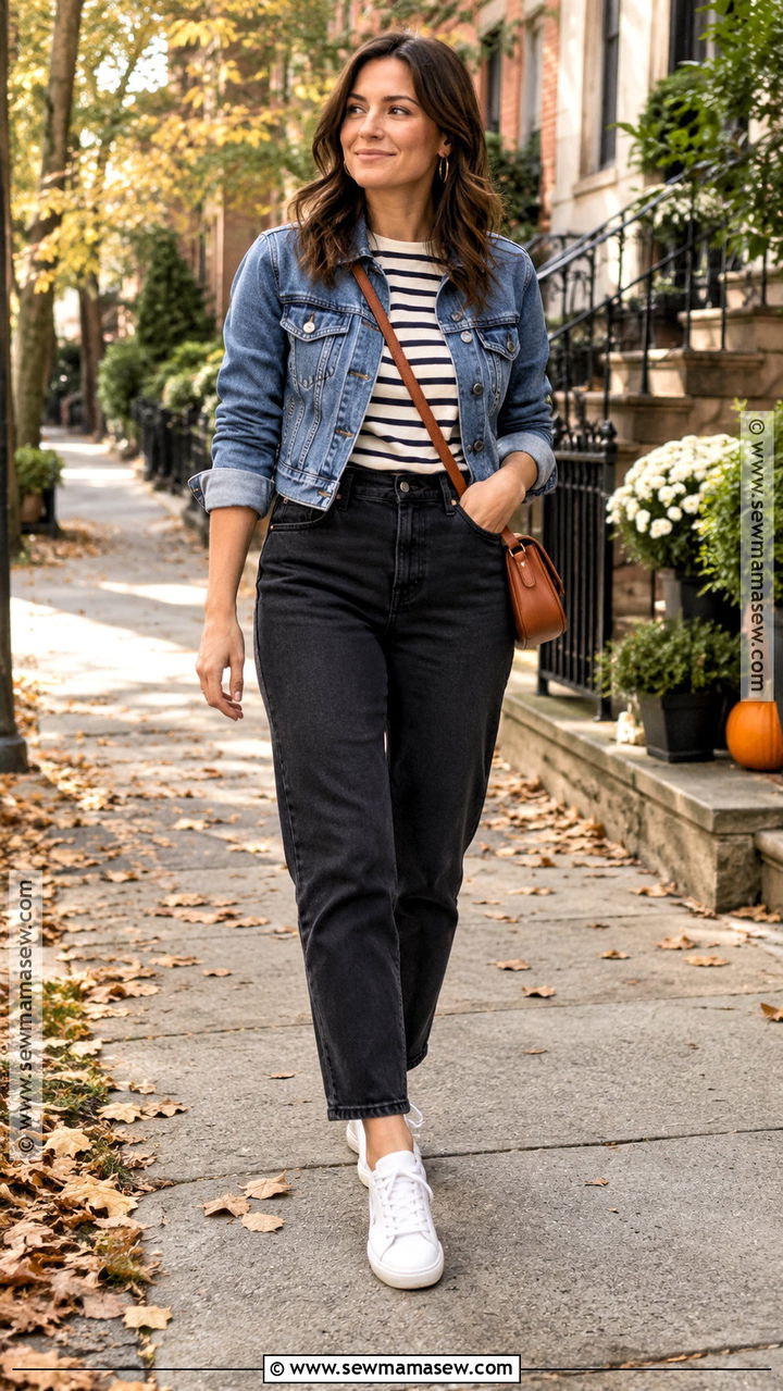 Black Mom Jeans With Denim Jacket And Striped Tee - 20 Black Mom Jeans Outfit Fall