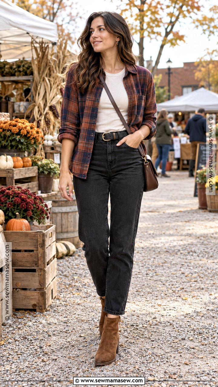 Black Mom Jeans With Flannel Shirt And Ankle Boots - 20 Black Mom Jeans Outfit Fall