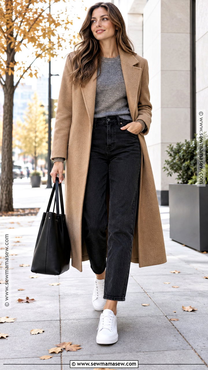 Black Mom Jeans With Long Coat And White Sneakers - 20 Black Mom Jeans Outfit Fall