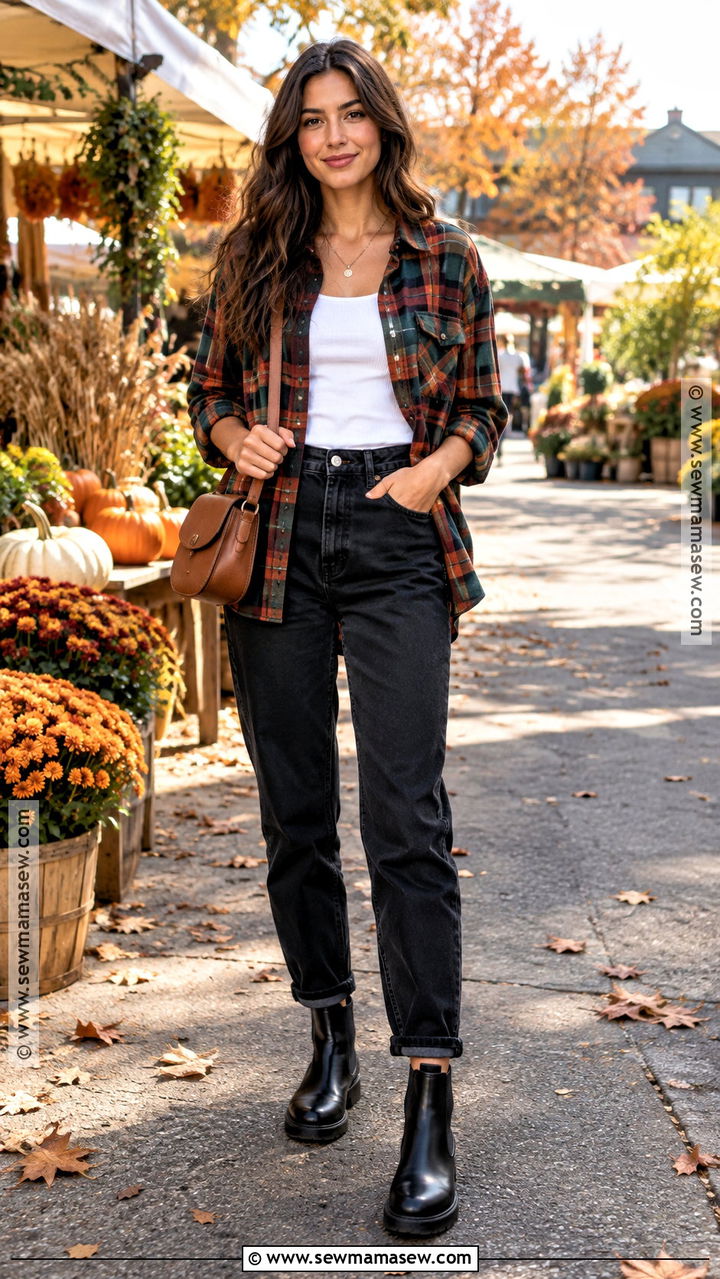Black Mom Jeans With Plaid Shirt And Chelsea Boots - 20 Black Mom Jeans Outfit Fall