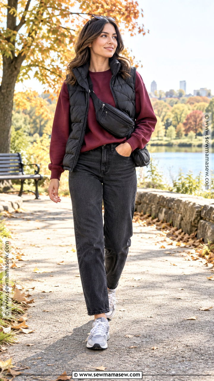 Black Mom Jeans With Puffer Vest And Sweatshirt - 20 Black Mom Jeans Outfit Fall