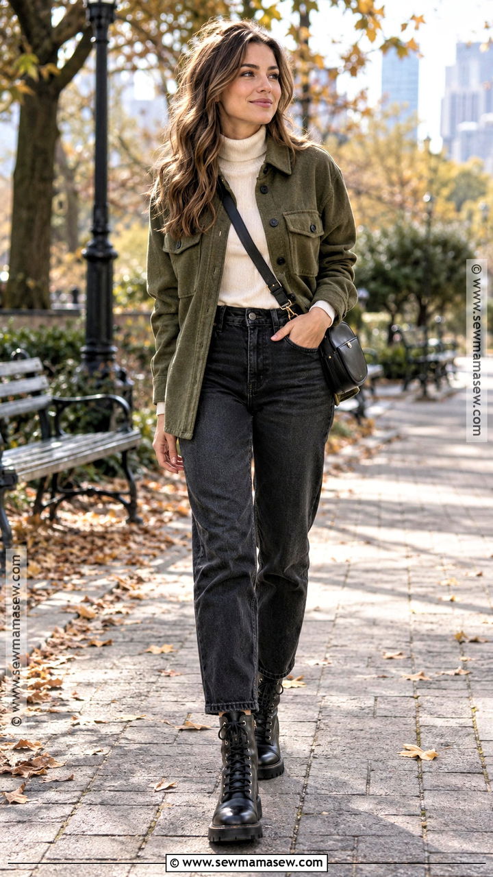 Black Mom Jeans With Shacket And Combat Boots - 20 Black Mom Jeans Outfit Fall