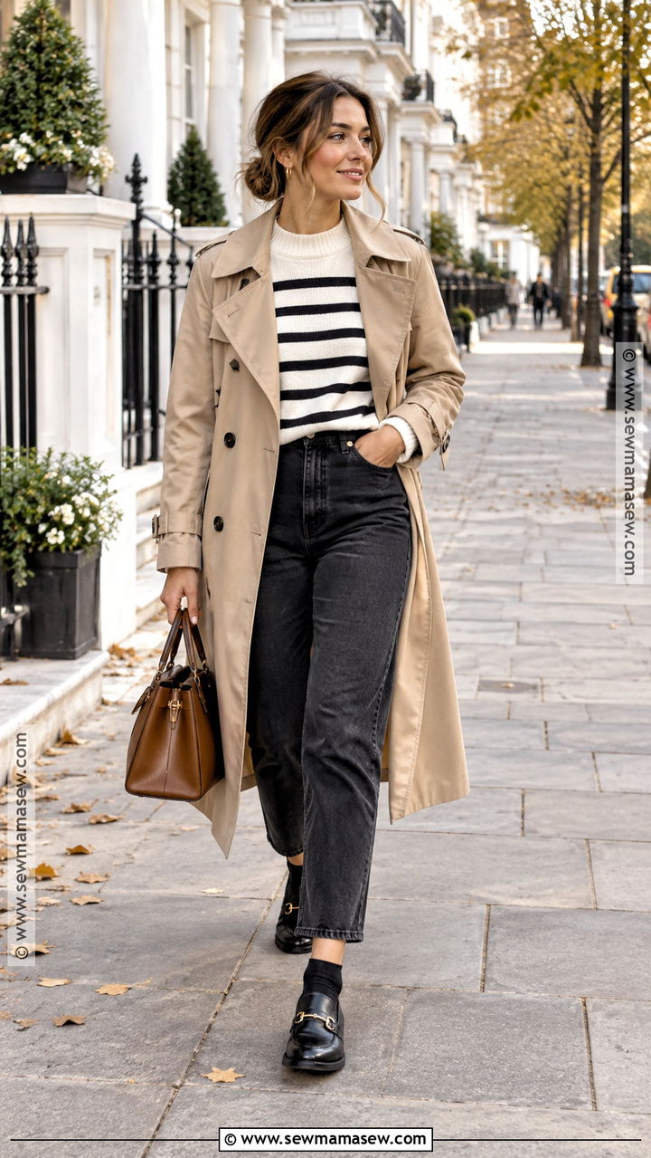 Black Mom Jeans With Striped Sweater And Trench Coat - 20 Black Mom Jeans Outfit Fall