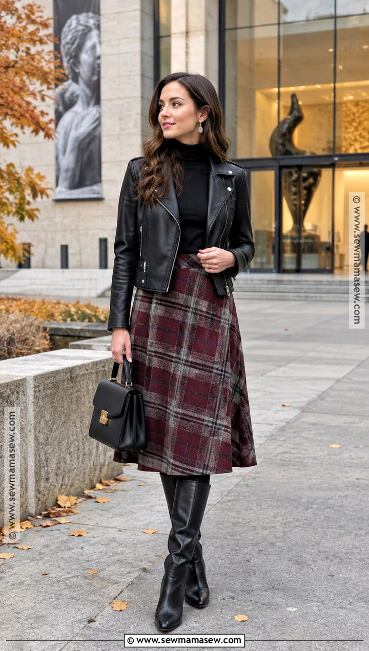 Black Moto Jacket With Plaid Skirt - 20 black jacket fall outfit ideas