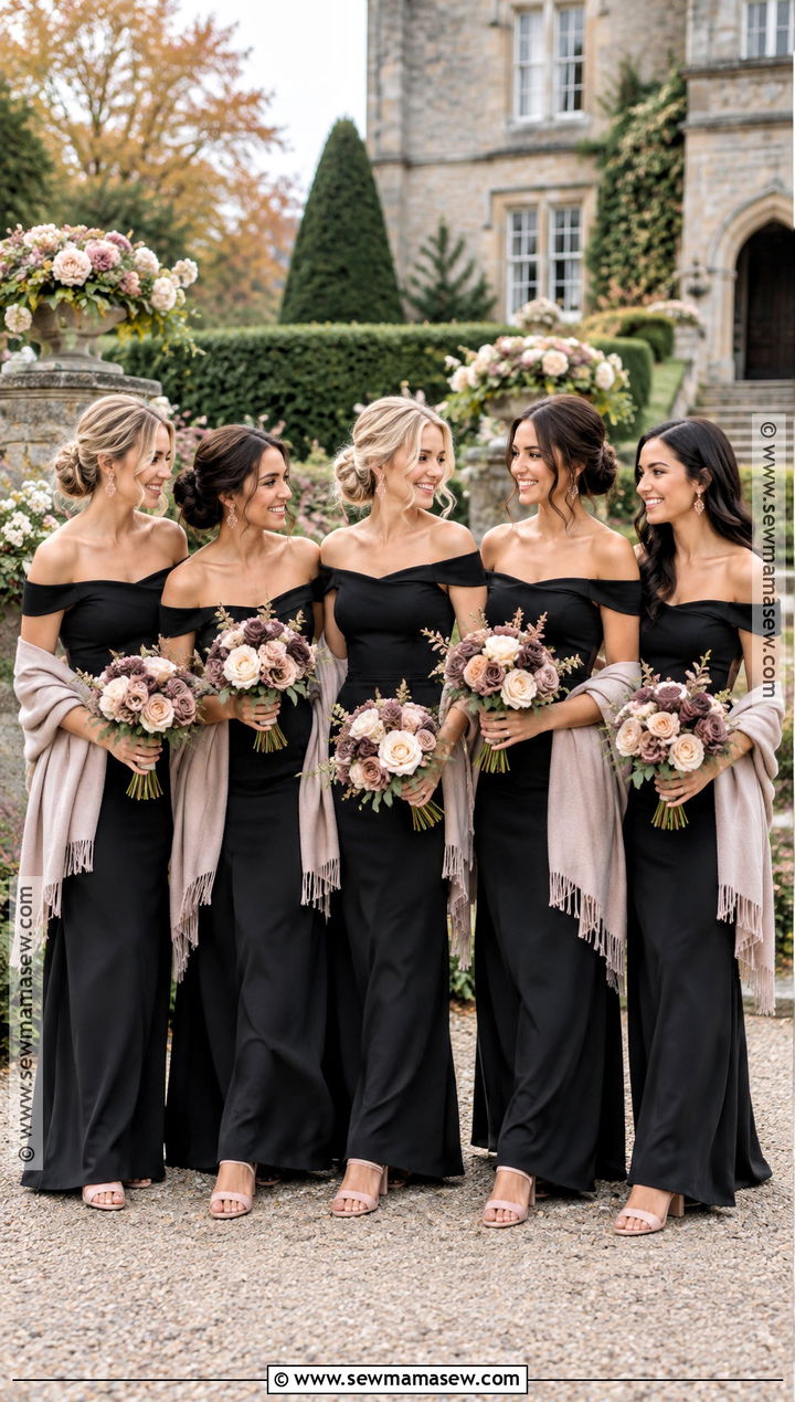 Black Off Shoulder Bridesmaid Dress With Blush Flowers - 15 Fall Wedding With Black Bridesmaid Dresses