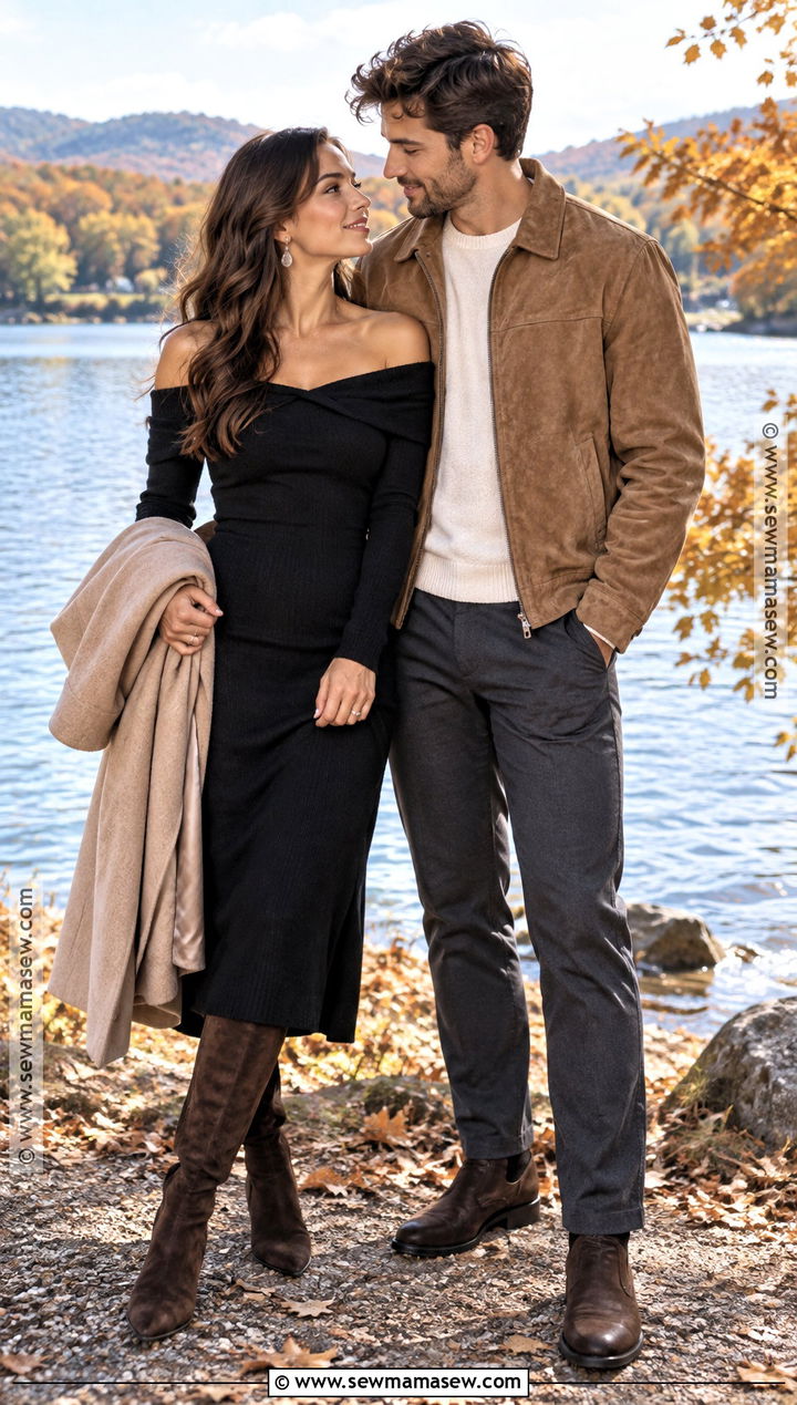 Black Off Shoulder Dress With Suede Boots - 15 fall engagement pictures black outfit ideas