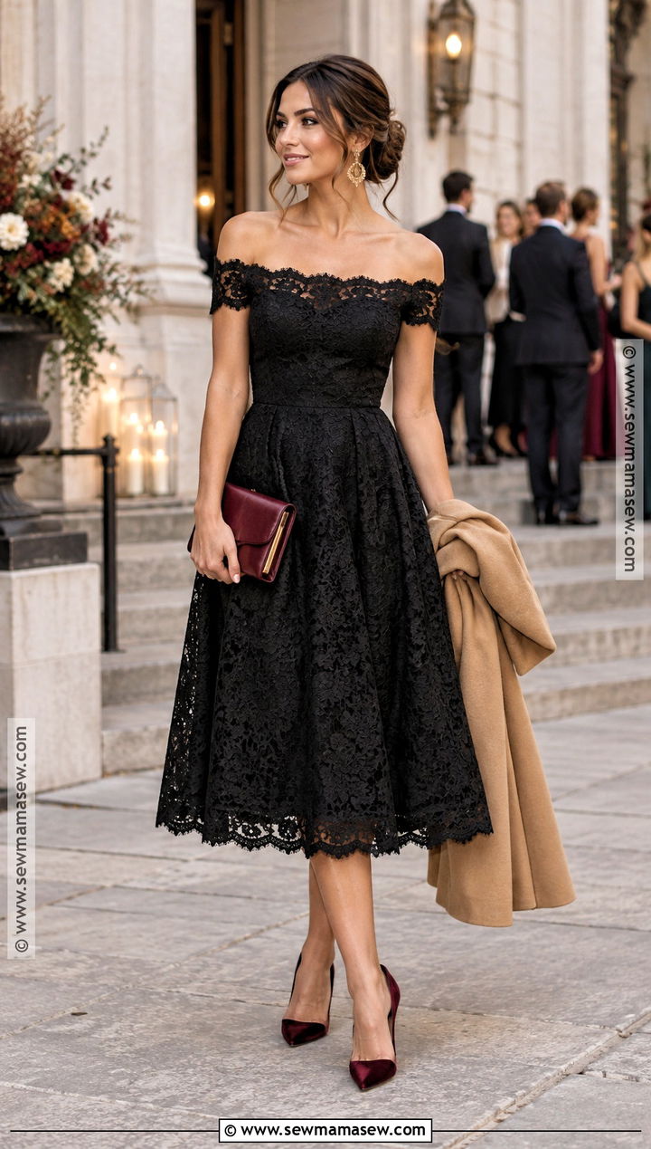Black Off Shoulder Lace Midi Dress - 15 Fall Wedding Guest Dress Off Shoulder Ideas
