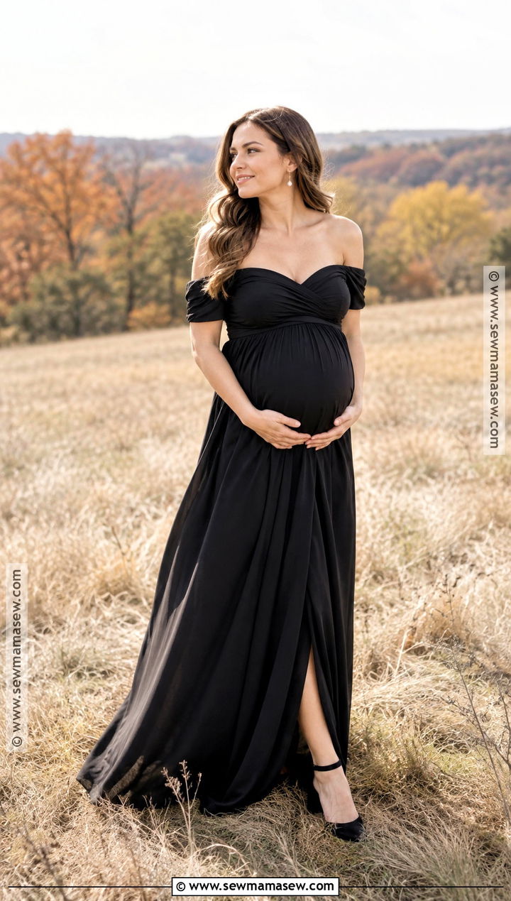 Black Off Shoulder Maternity Gown - 15 Fall Maternity Shoot Black Dress Ideas