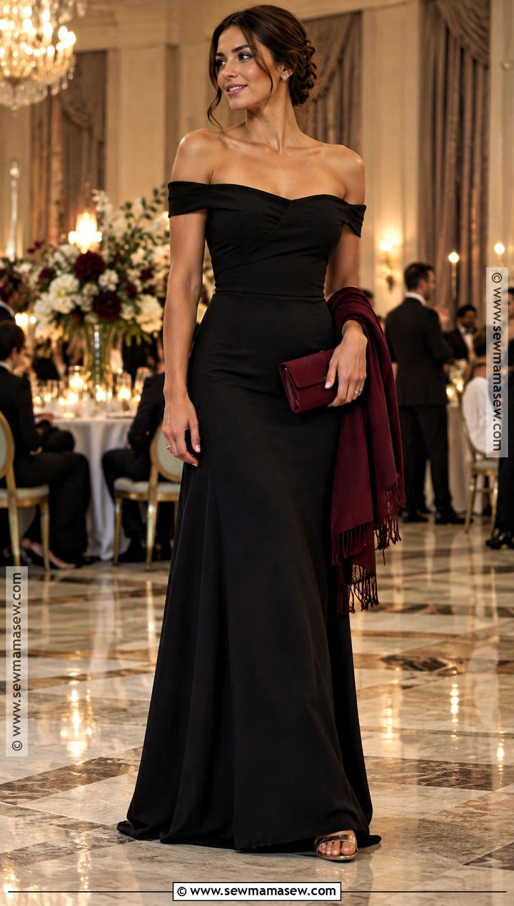 Black Off Shoulder Maxi Dress - 15 Fall Wedding Black Dress Ideas