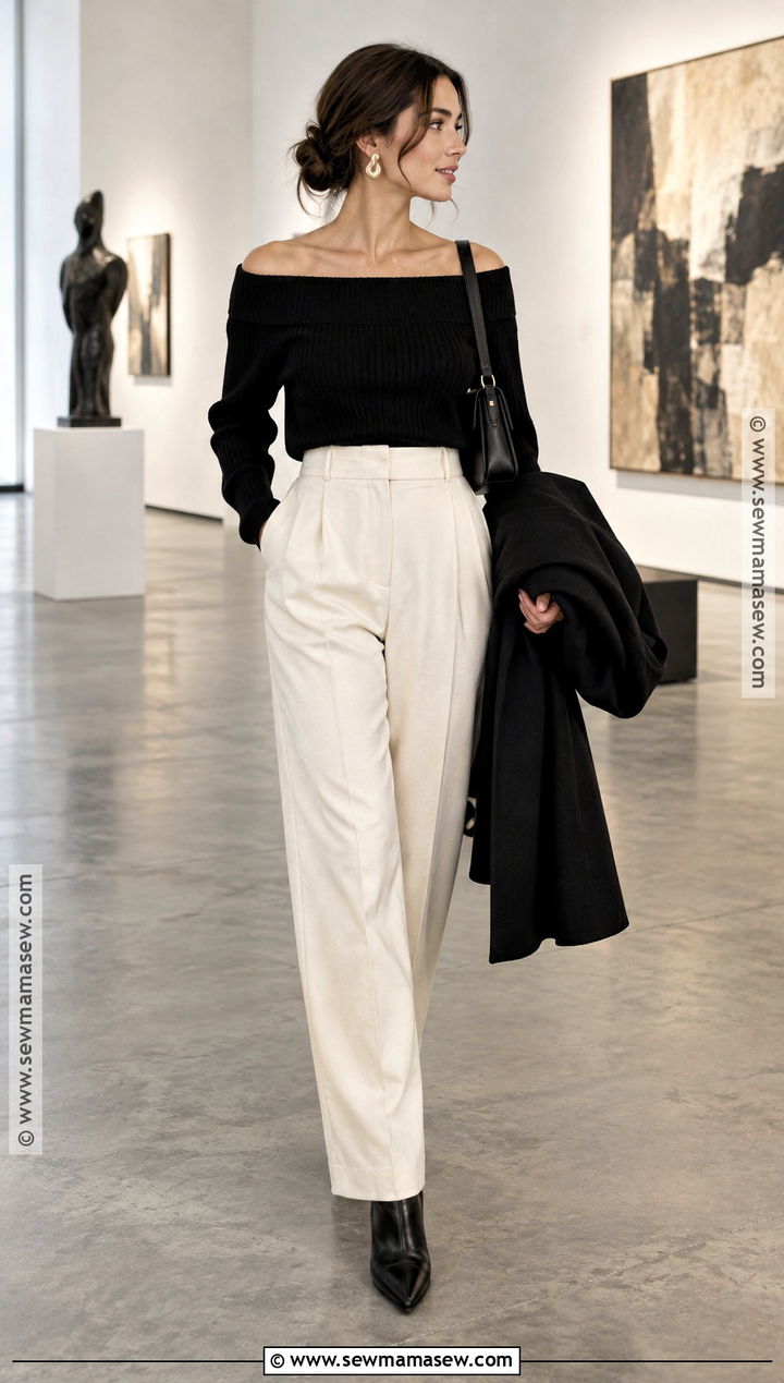 Black Off Shoulder Sweater With Tailored Pants - 20 autumn sweaters aesthetic
