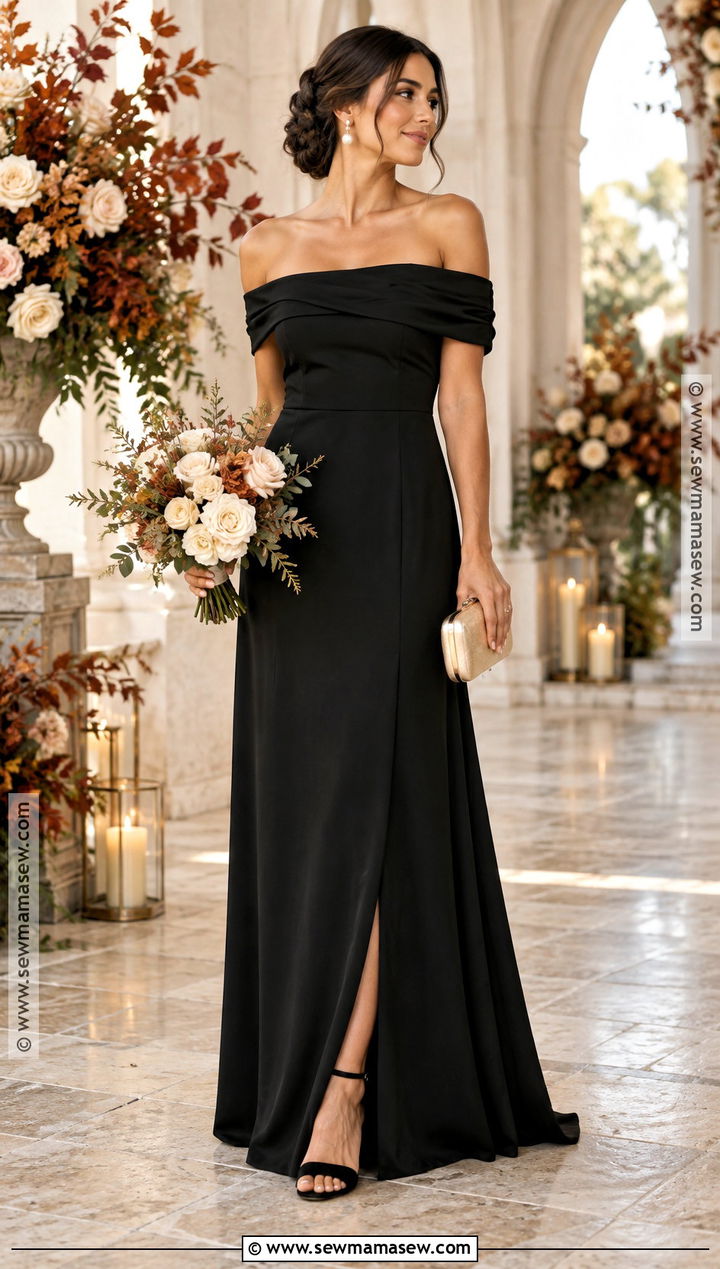 Black Off the Shoulder Bridesmaid Dress - 20 autumn wedding dress bridesmaid ideas