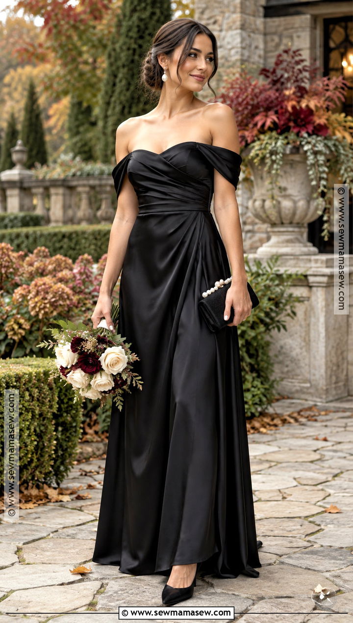 Black Off the Shoulder Bridesmaid Dress With Pearl Accessories - 15 black fall bridesmaid dresses