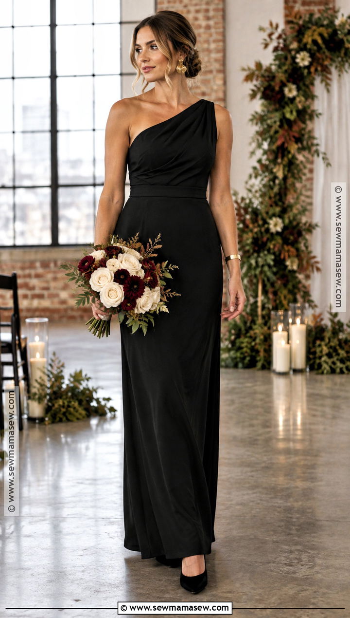 Black One Shoulder Crepe Bridesmaid Dress - 15 black bridesmaid dresses fall wedding