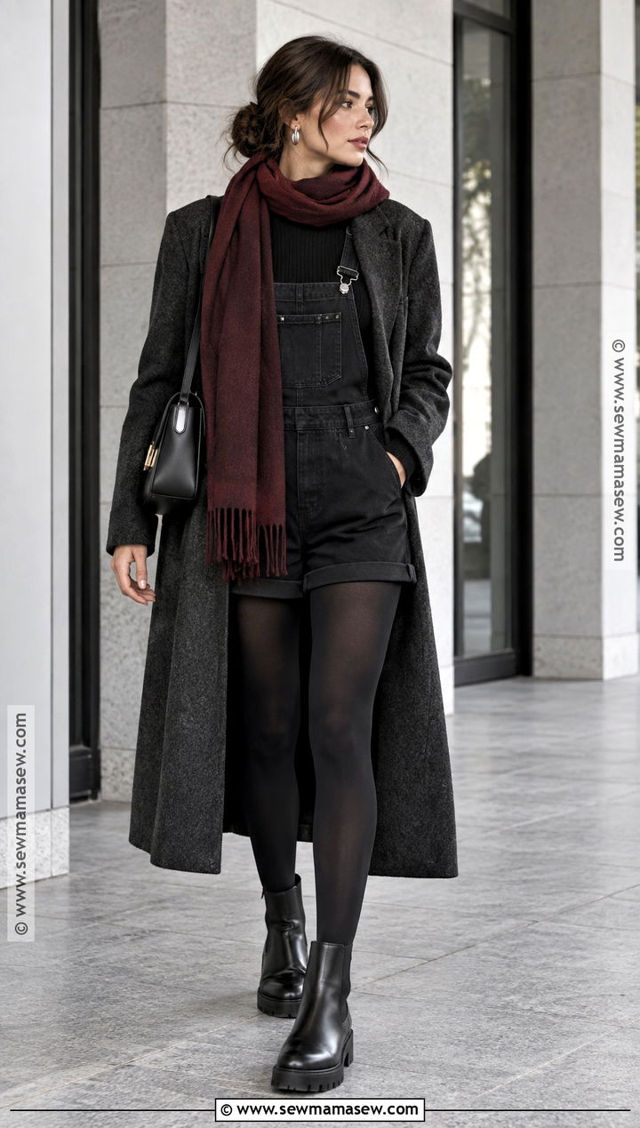 Black Overall Shorts With Tights And Chelsea Boots - 20 overall shorts outfit fall ideas