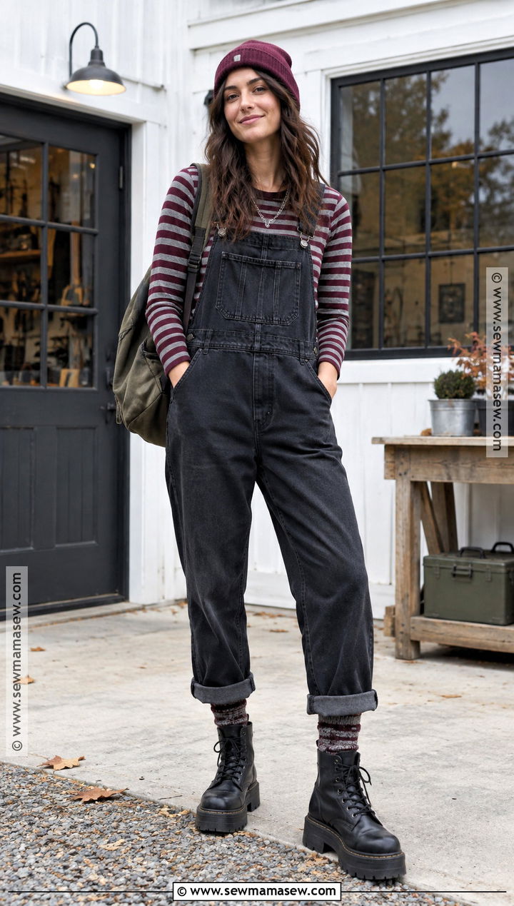 Black Overalls And Striped Shirt Grunge Outfit - 25 fall outfits grunge