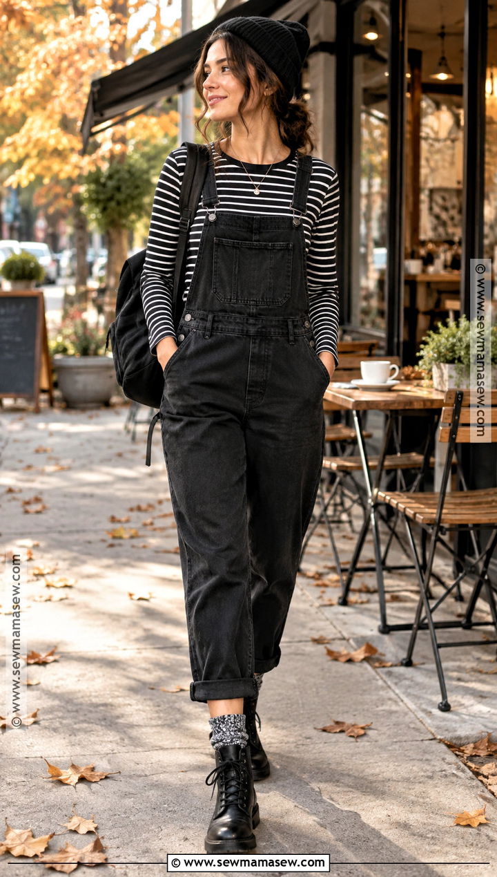 Black Overalls And Striped Shirt Outfit - 25 alt fall outfits