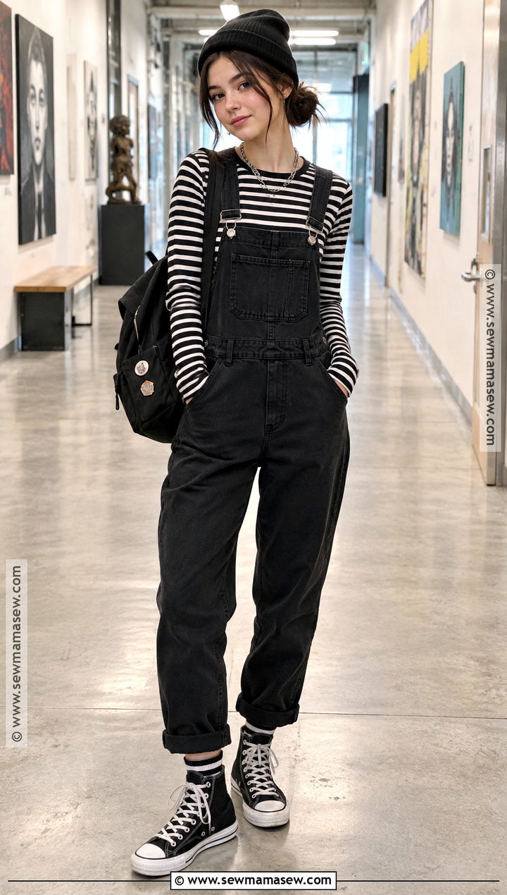 Black Overalls And Striped Shirt Outfit - 15 edgy back to school outfits