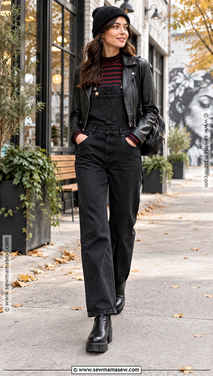 Black Overalls And Striped Top Autumn Rock Outfit - 20 autumn rock outfit ideas