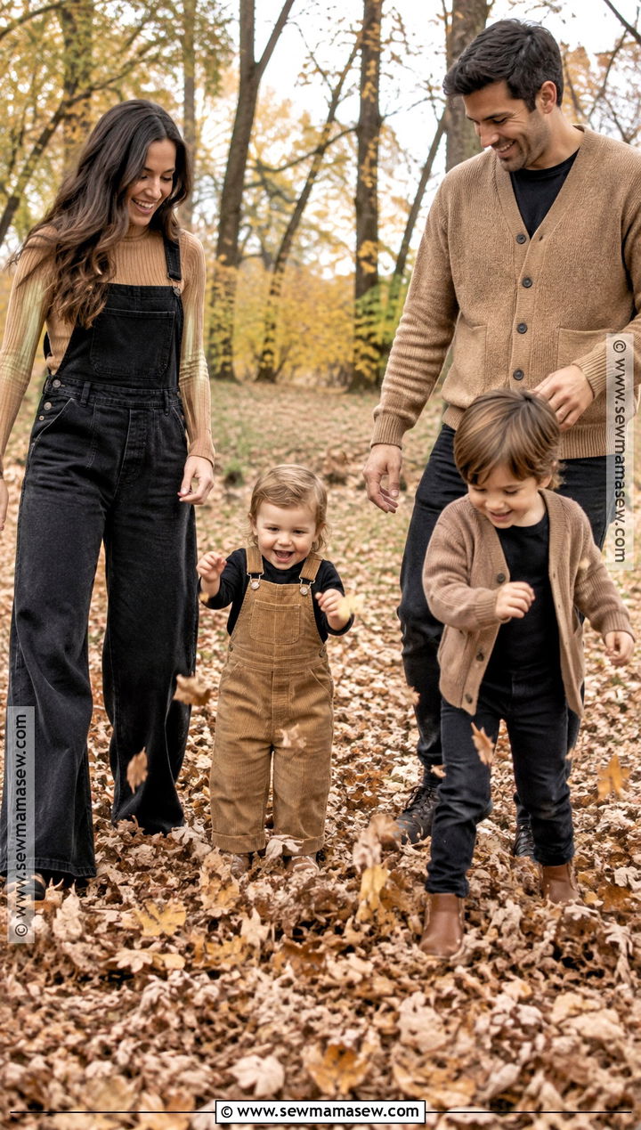 Black Overalls And Tan Cardigan Family Outfit - 15 fall family pictures outfits black and tan