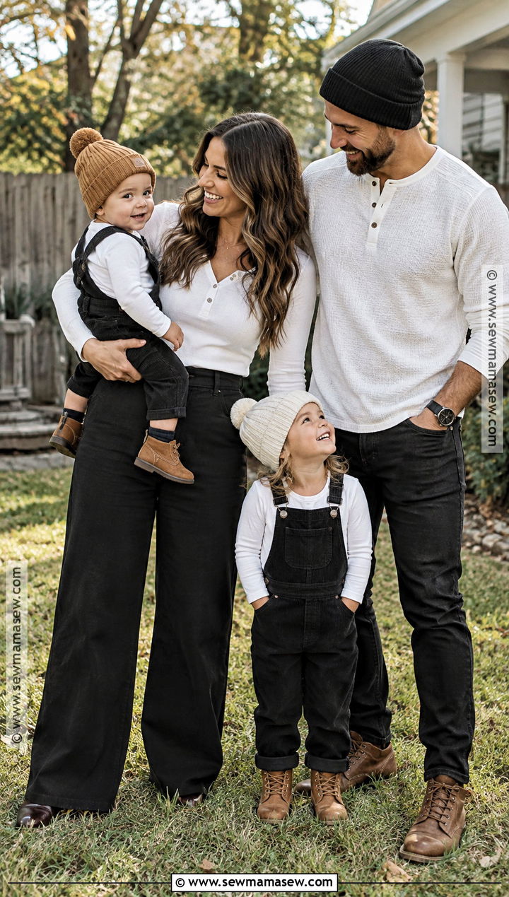 Black Overalls And White Henley Family Outfit - 15 Fall Family Photos Black And White Outfits