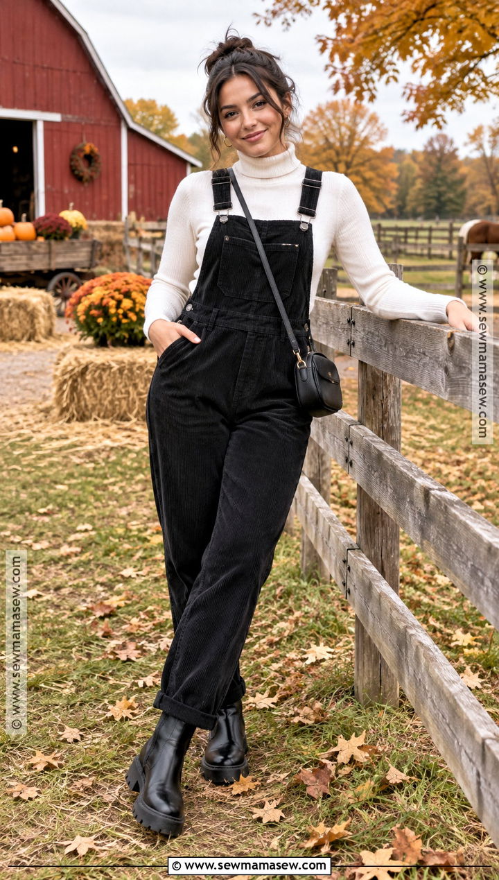 Black Overalls And White Turtleneck Fall Photo Outfit - 15 Black And White Fall Photo Outfits
