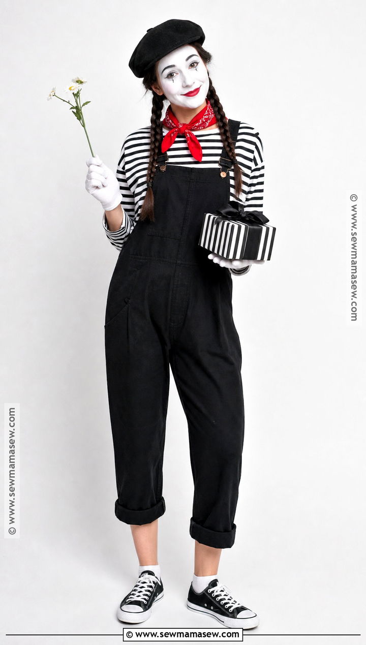 Black Overalls Mime Costume With Striped Shirt - 30 Mime Costume Ideas for Women