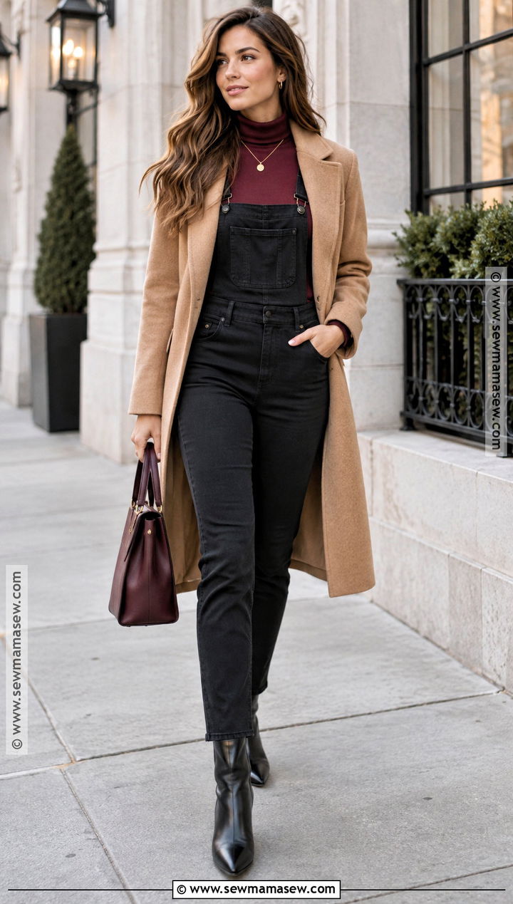 Black Overalls With Burgundy Turtleneck - 20 black overalls outfit fall