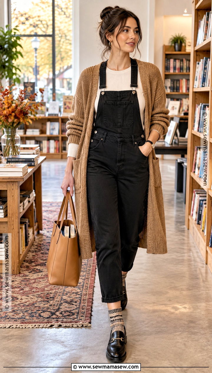 Black Overalls With Camel Cardigan - 20 black overalls outfit fall