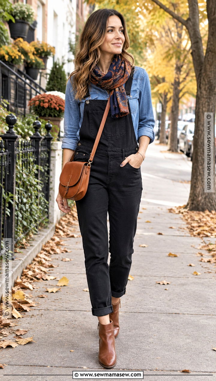 Black Overalls With Chambray Shirt And Brown Boots - 15 black overalls fall outfit