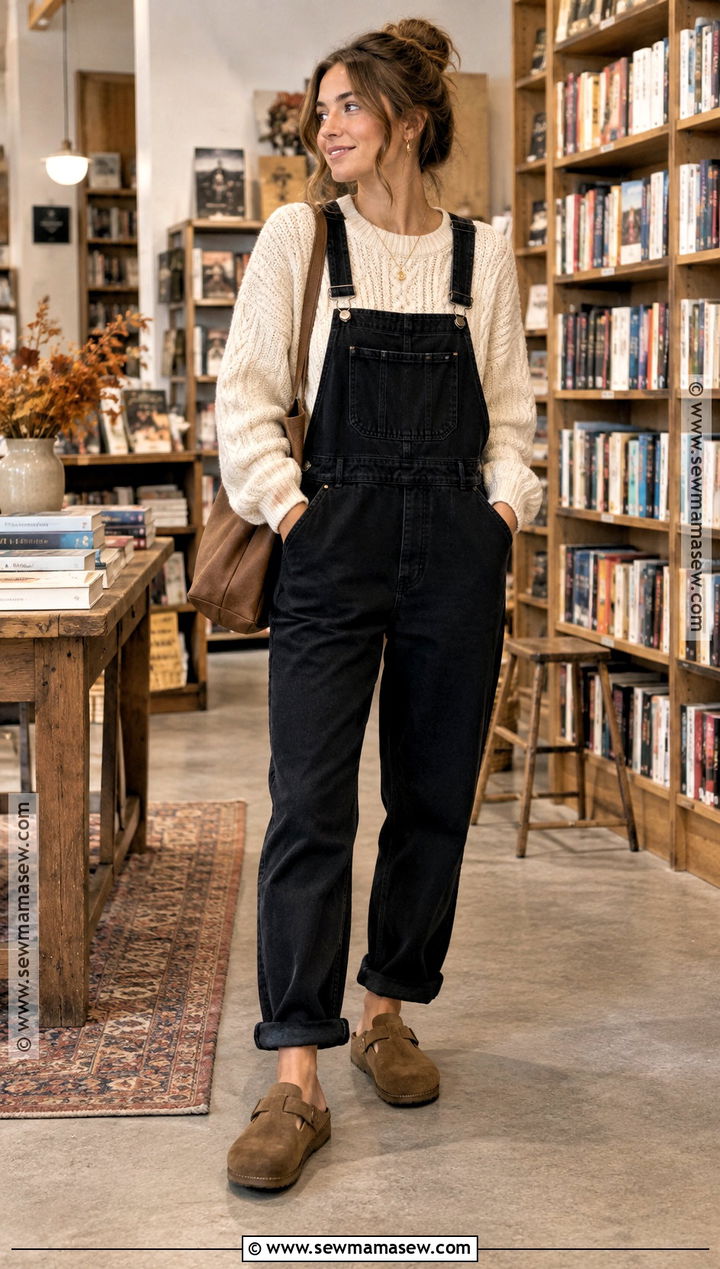 Black Overalls With Chunky Cream Sweater And Clogs - 15 black overalls fall outfit